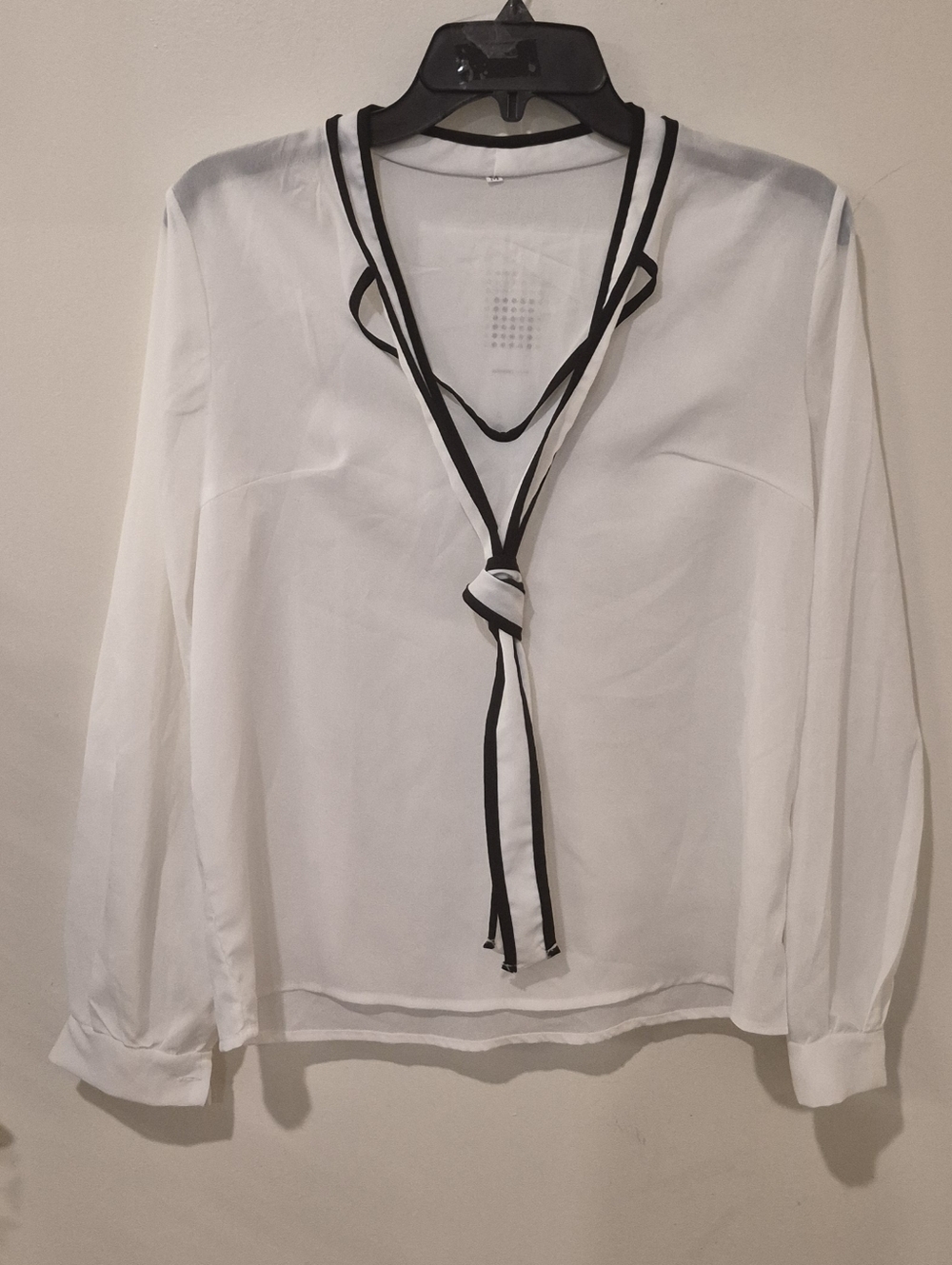 White Long-Sleeve Tie-Neck Blouse with Black Trim